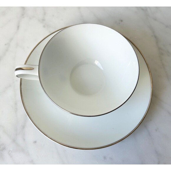 Vintage Noritake Colony China Japan Flat Cup & Saucer Set White Platinum Trim - Picture 5 of 9